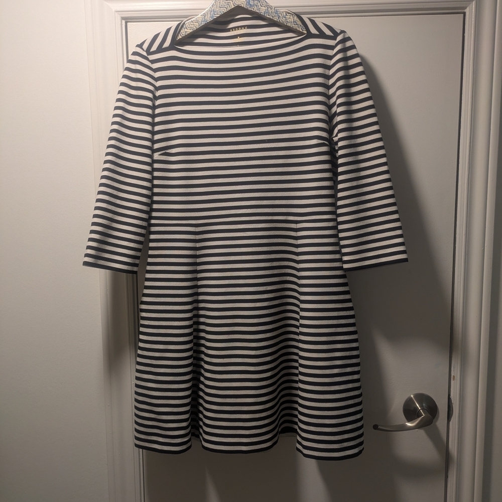 Kate Spade Broome Street Black White Striped Fit & Flare Dress L Preppy Classic
